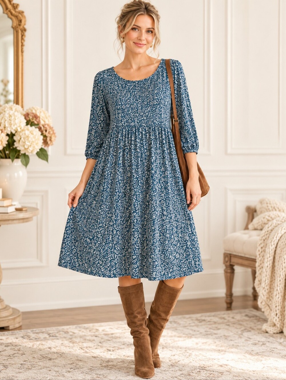 Blue Boho Midi Dress With Pockets 3/4 Sleeve Cottagecore Fit & Flare | Large